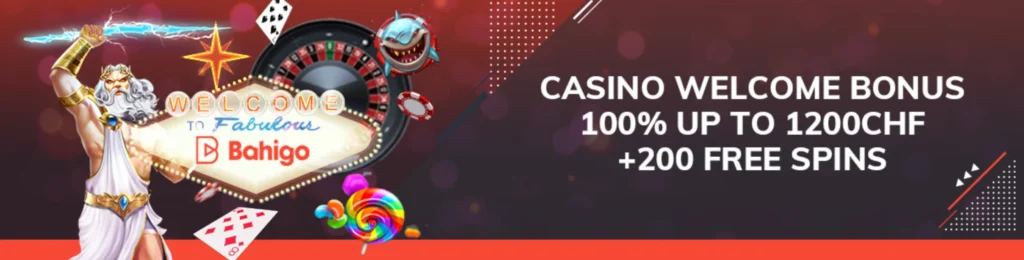 Promobild des Bahigo Casino Willkommensbonus mit 1200 CHF und 200 Freispielen, dargestellt mit Spielfiguren und Casino-Grafiken.