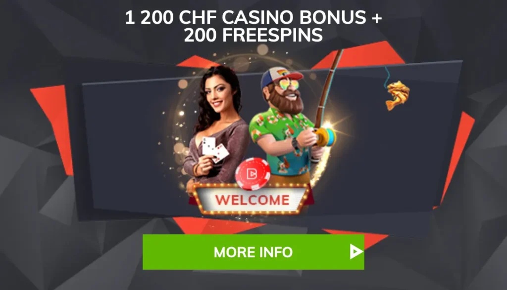 Promobild des Bahigo Casino Willkommensbonus mit 1200 CHF und 200 Freespins, mit animierten Spielfiguren und Casinodetails im Hintergrund.