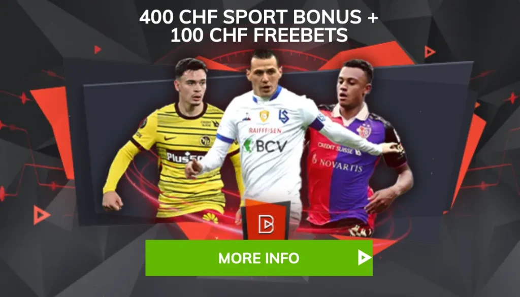 Promobild des Bahigo Sportbonus mit 400 CHF Bonus und 100 CHF Freebets, mit drei Fußballspielern vor einem dynamischen Hintergrund.